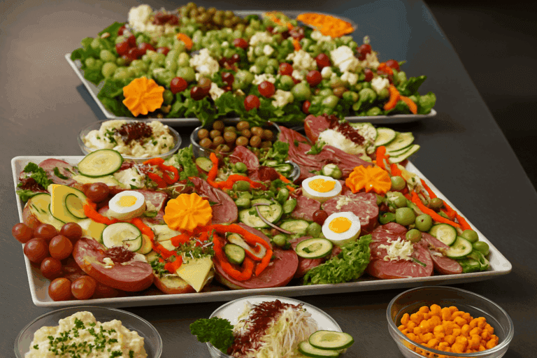 Kaltes Buffet mit Wurstplatten, Käse, Salaten und dekorativen Gemüse-Arrangements für Event-Catering
