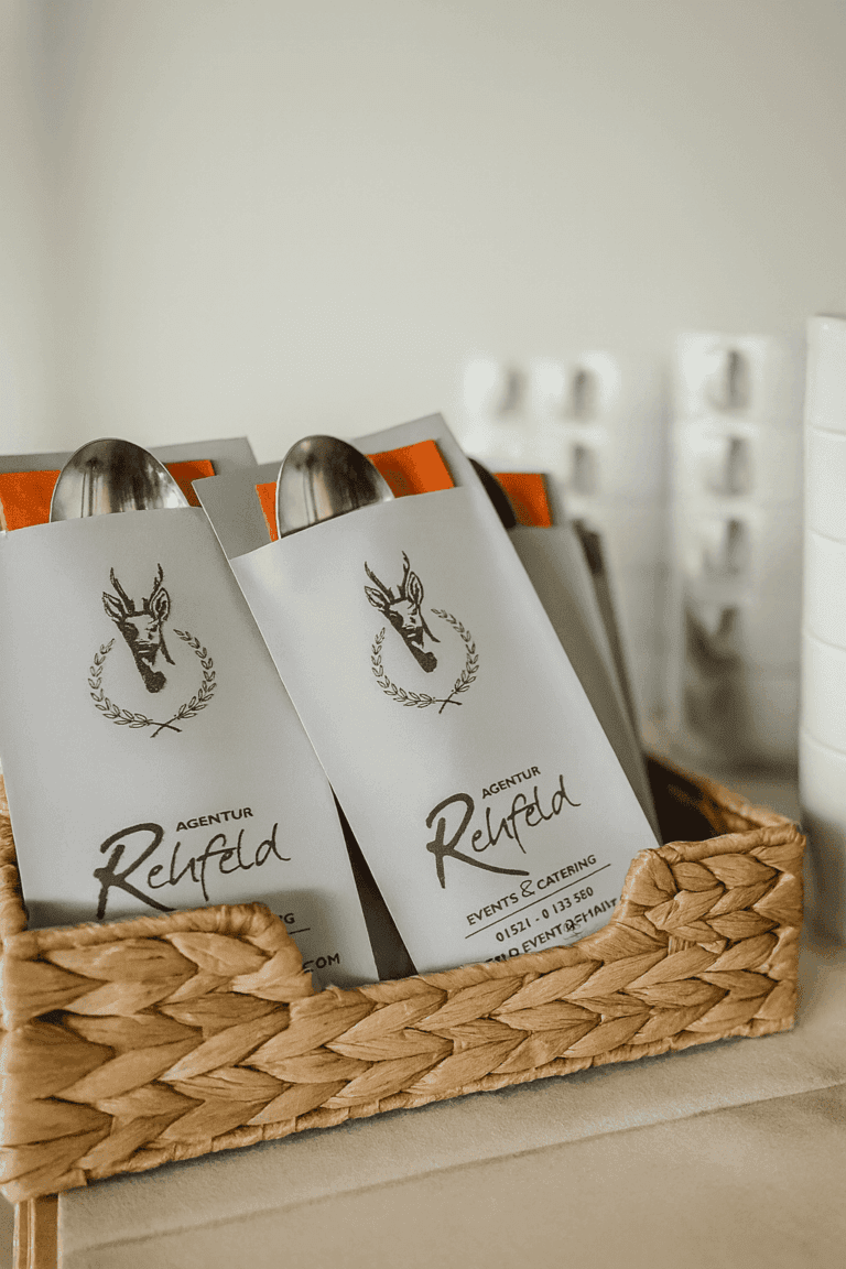Bestecksets von Agentur Rehfeld in elegantem Design mit Hirschlogo in geflochtener Schale