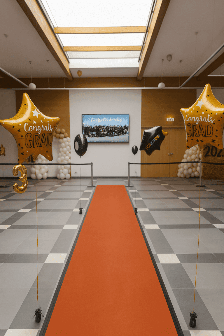 Festlich dekoriertes Foyer der Stadthalle Möckern mit orangem Teppich und Graduation-Ballons