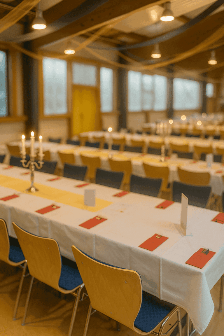 Festlich gedeckte Tafel in der Stadthalle Möckern mit Kerzenleuchtern und orangen Menükarten