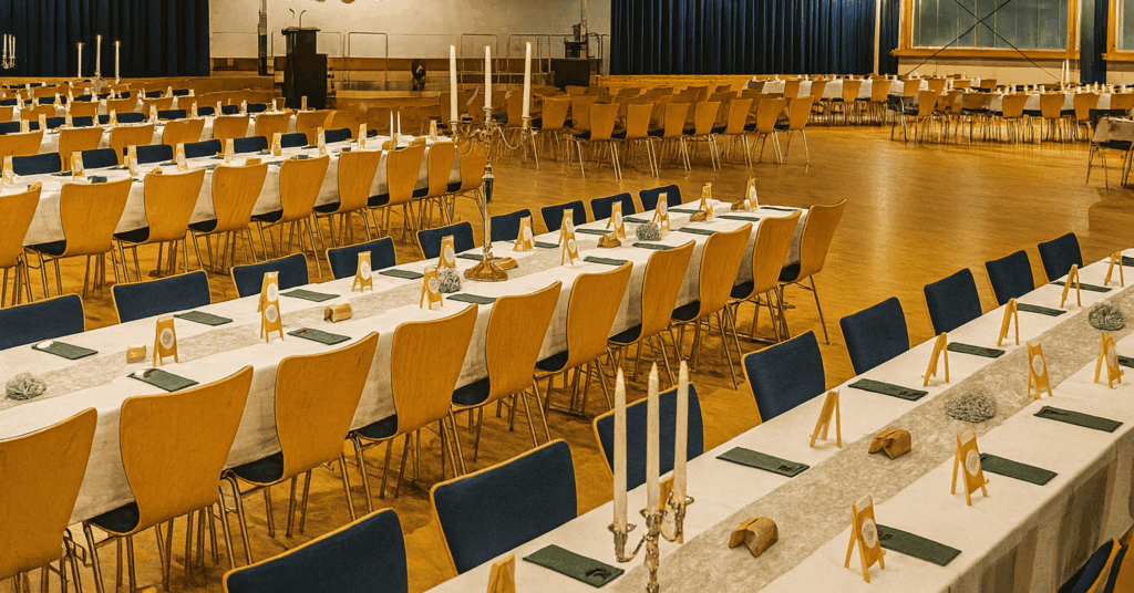 Festlich eingedeckter Saal der Stadthalle Möckern mit langen Tafeln und Jahrgangsdekoration 2023