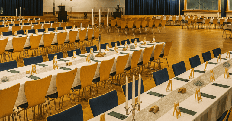 Festlich eingedeckter Saal der Stadthalle Möckern mit langen Tafeln und Jahrgangsdekoration 2023