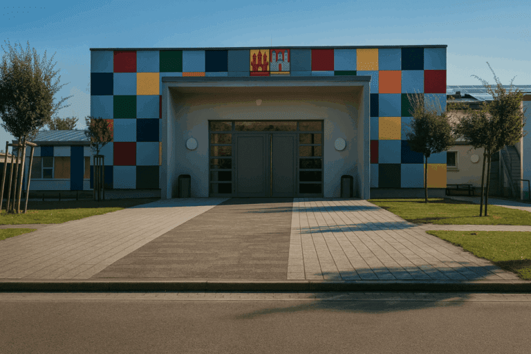 Moderne Stadthalle Möckern mit bunter Kachelfassade und Wappen über dem Eingang